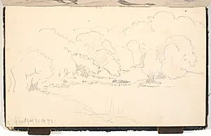 Skovsø. På bredden står store træer by P.C. Skovgaard