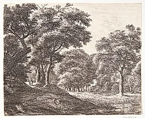 Skovvej med en rejsende, der gør holdt by Anthonie Waterloo