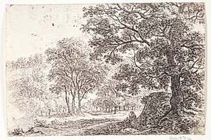 Skovvej med mand og hund siddende ved en høj by Anthonie Waterloo