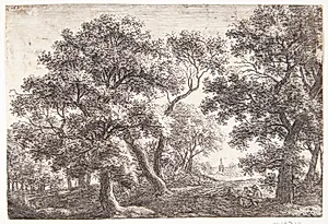 Skovvej med mand og kvinde siddende under et træ by Anthonie Waterloo