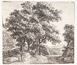 Skovvej med to drenge og deres hund by Anthonie Waterloo