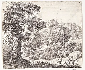 Skovvej med to rytter og mand i løb by Anthonie Waterloo