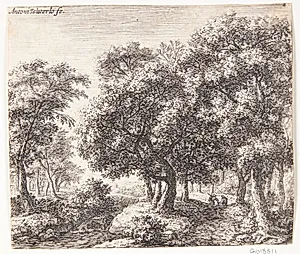 Skovvej med to vejfarende by Anthonie Waterloo