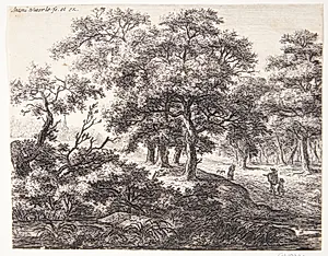 Skovvej med tre vejfarende by Anthonie Waterloo