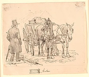 Skraldemandshesten. F.n.m.f. tegning af en skralde. Illustration til Kaalunds "Fabler for Børn". Se kommentar fra arkkatalog. by Johan Thomas Lundbye