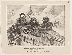 Slæderejsende, der holder hvil ("Pisuímait igardlutigdlo Kasuersârput") by Lars Møller