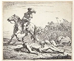 Slagmark med rytter og død mand i forgrunden by Karel Du Jardin