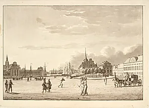 Slotspladsen i København med Holmens kirke, Børsen, den nu forsvundne bank og kancellibygning ("Den røde bygning") by C.W. Eckersberg