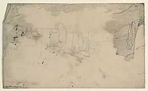 Små løse skitser af arkitektur og en figur by Niels Larsen Stevns