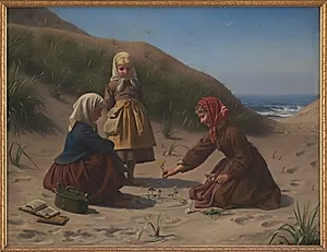 Småpiger som leger i klitterne på vej hjem fra skole by A. Dorph