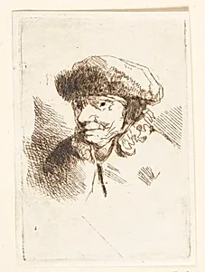 Smilende gammel kvinde med pelshue by Cornelis Pietersz Bega