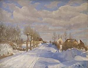 Snedækt landevej i solskin by Fritz Syberg