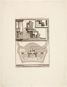 Snit, plan og detaljer af en fontæne by Giovanni Battista Piranesi