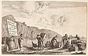 Søfolk på en kaj. Titelblad til "Forskellige havne". by Reinier Zeeman