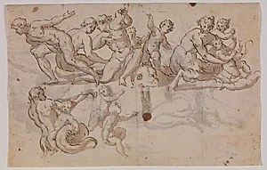 Søheste, tritoner og putti ridende på delfiner by Giuseppe Alabardi