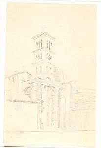 Søjlerække fra Mars Ultors tempel. I baggrunden et kirketårn, S.S. Quirico e Giulitta by Constantin Hansen