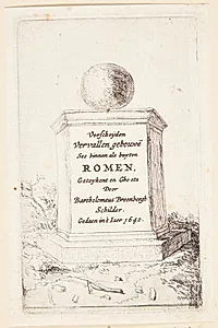 Sokkel med en kugle. Titelblad til "Romerske ruiner" by Bartholomeus Breenbergh