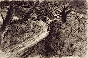 Solbelyst vej mellem træer by Jean Frélaut