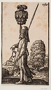 Soldat bevæbnet med spyd og sværd; set i profil t.v., stående i et kystlandskab med et stort træ t.h.; hans hovedbeklædning prydet med en stor fjerpragt by Melchior Lorck