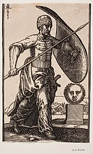 Soldat gående mod h.; på v. arm et krumt skjold, i h. hånd en lanse; t.h. en sokkel med et kuglerundt, frontalt set hoved; i det fjerne bag hovedet en by ved vandet by Melchior Lorck