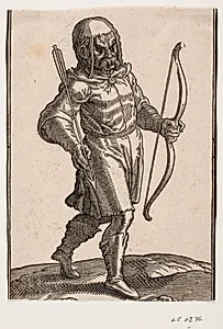 Soldat, gående mod h.; støvler og knækort dragt; i v. hånd en bue, i h. hånd en pil by Melchior Lorck