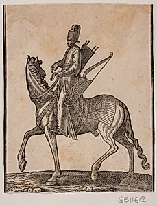 Soldat til hest, profil t.h.; med sværd og bue på hans venstre side og pilekogger t.h. by Melchior Lorck