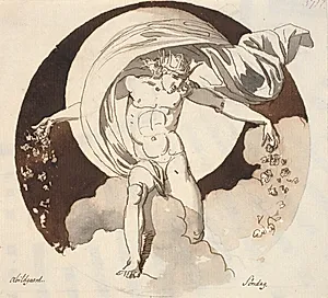 Søndag. En kronet nøgen gud, udstrør blomster med begge hænder by Nicolai Abildgaard