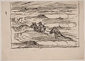 Søren Kanne rider til hest gennem bølgerne by Fritz Syberg