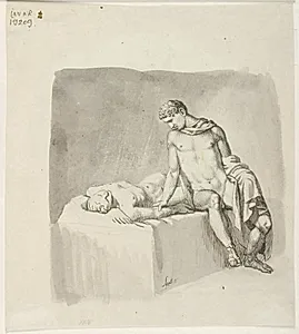Sørgende ung mand med død mand by Johannes Senn