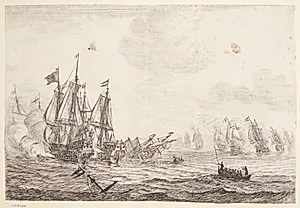 Søslag med to synkende engelske skibe by Reinier Zeeman