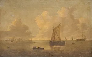 Søstykke med en by i baggrunden by Willem van Diest