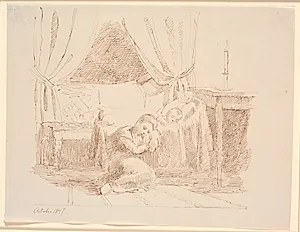 Sovekammerinterieur med en lille pige, som sidder på gulvet og sover, lænet mod en vugge med et sovende barn by Johan Thomas Lundbye