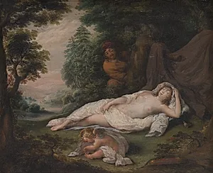 Sovende nymfe beluret af en mand by Laurentius de Neter