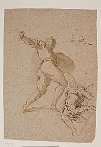Springende kriger og en flyvende engel set bagfra by Jacopo Palma (il Giovane)