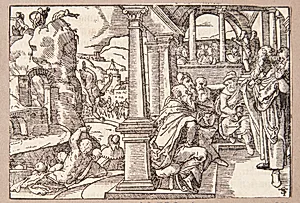 Spurius Cassius kastes ud fra en klippe by Tobias Stimmer