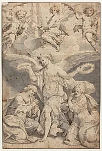 St Cecilia og St Valerianus modtager deres martyrkroner af en engel accompagneret af musicernde engle i skyerne