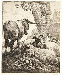 Stående æsel og fire liggende får by Johann Heinrich Roos