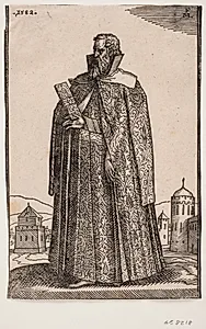 Stående ambassadør i europæisk (venetiansk?) dragt, 3/4 profil mod v.; i h. hånd holder han et brevfutteral by Melchior Lorck