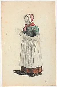 Stående bondekone, der skænker i et glas by Christen Dalsgaard