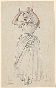Stående bondepige med et mælkekar på hovedet. by P.C. Skovgaard