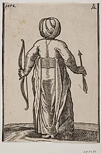 Stående bueskytte, set bagfra; i v. hånd en bue, i h. hånd en pil by Melchior Lorck