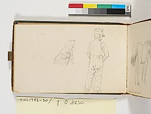 Stående dreng set bagfra. Studie og rids af siddende hund by P.C. Skovgaard