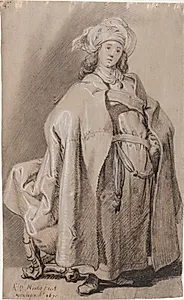 Stående figur, vendt mod højre, i kappe og turban. Bagved en stol.