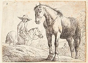 Stående hest, i baggrunden en hest med rytter by Jan van Aken