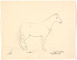 Stående hest i profil t.h.. by Johan Thomas Lundbye