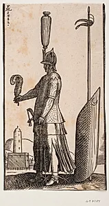 Stående hjelmklædt soldat, profil mod v., holdende en fjer i sin fremstrakte hånd; bag ham støttes et halvmåneprydet skjold mod en lanse stukket ned i jorden by Melchior Lorck