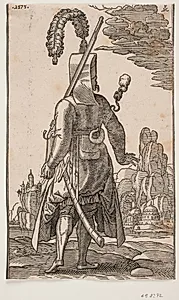 Stående janitshar set bagfra, fjerprydet hovedbeklædning, gevær ved venstre skulder by Melchior Lorck