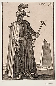 Stående, kappeklædt soldat, frontalt set; i h. nedaddrejede hånd en stridskølle, i v. en stridshammer; på hælene sporer by Melchior Lorck