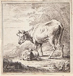 Stående ko og et liggende får by Nicolaes Berchem