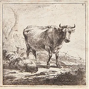 Stående ko og liggende geder og får by Nicolaes Berchem